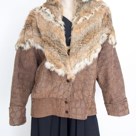 Unisex Leather Real Fur Collar Jacket Bomber Brown Large - Picture 4 of 11